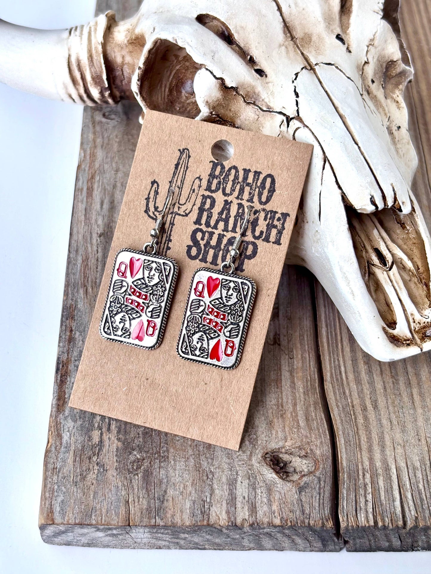 Playing Card Queen Dangle Earrings - queen spade heart