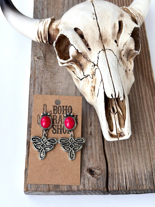 Western Oval Stone Concho Boot Stitch Post Drop Earrings