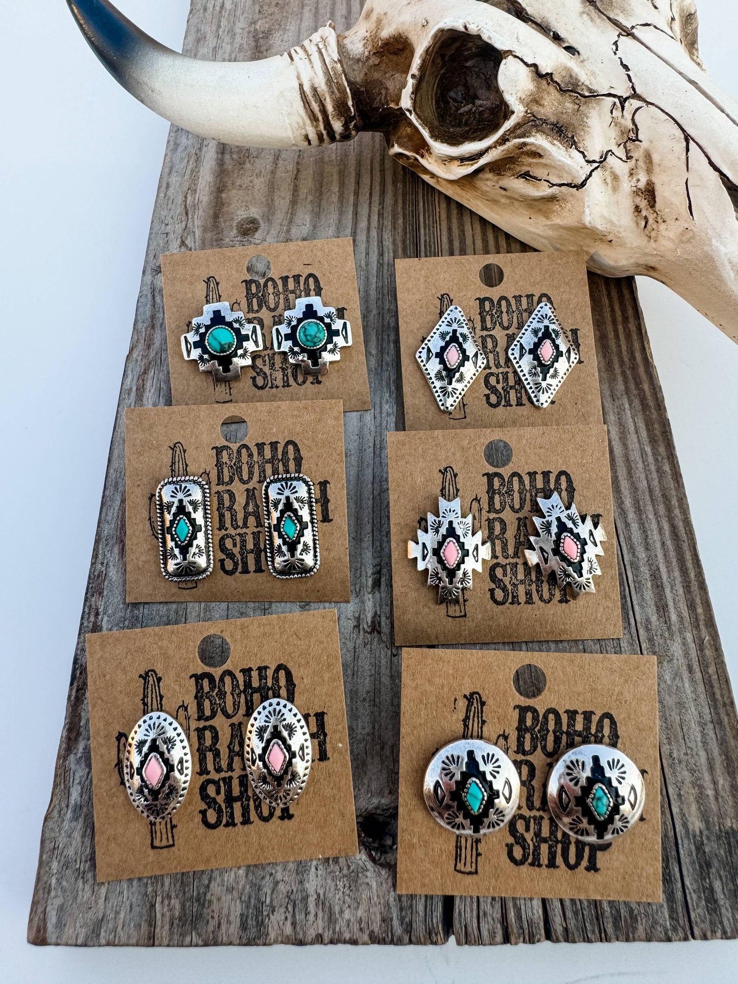 Western Hand Stone Aztec Post Earrings - turquoise pink