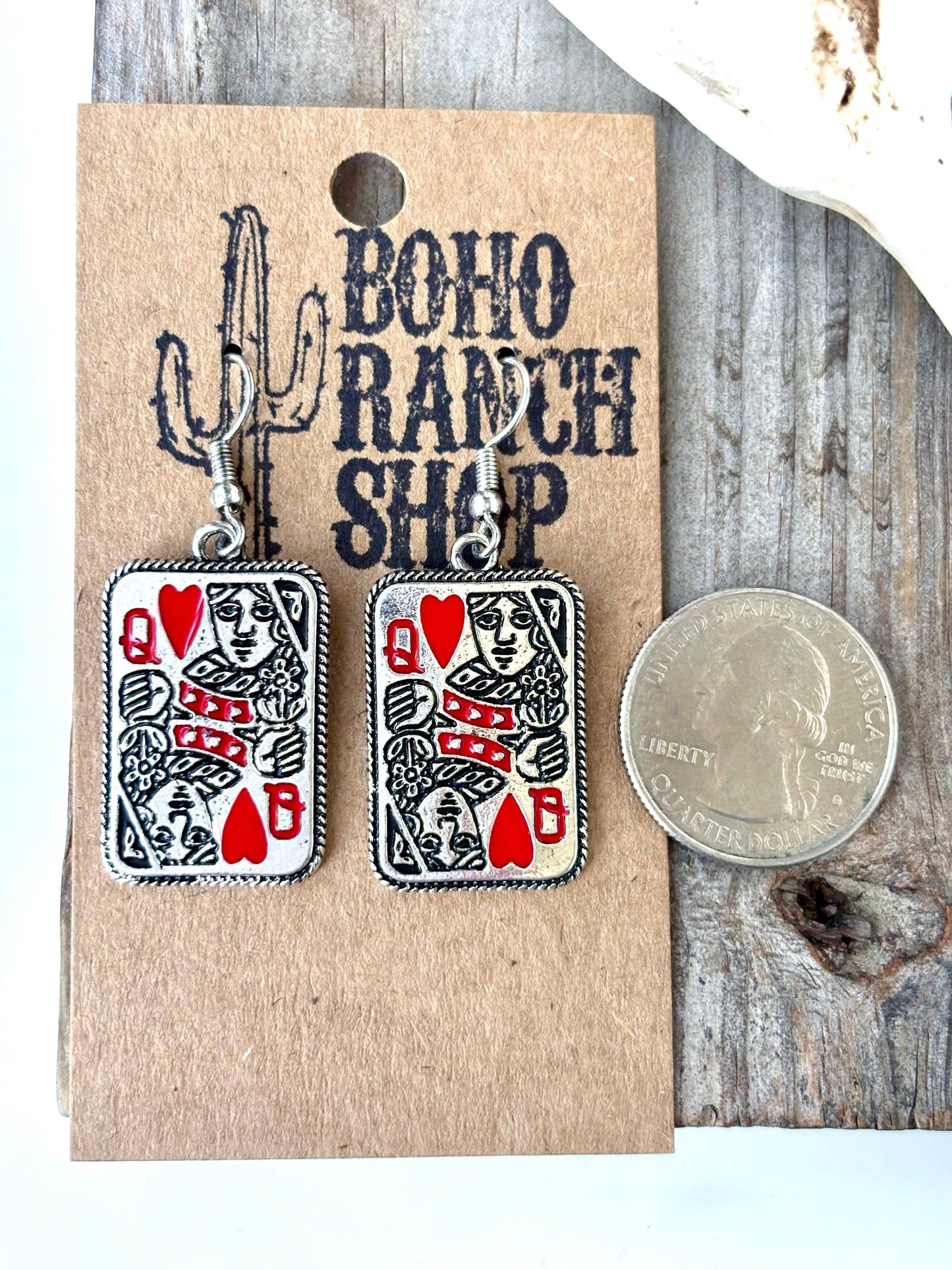 Playing Card Queen Dangle Earrings - queen spade heart