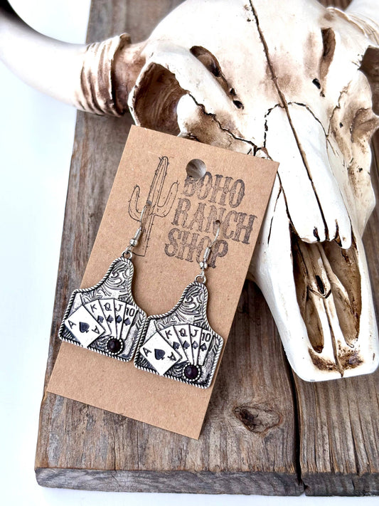 Western Playing Card with Stone Drop Dangle Earrings