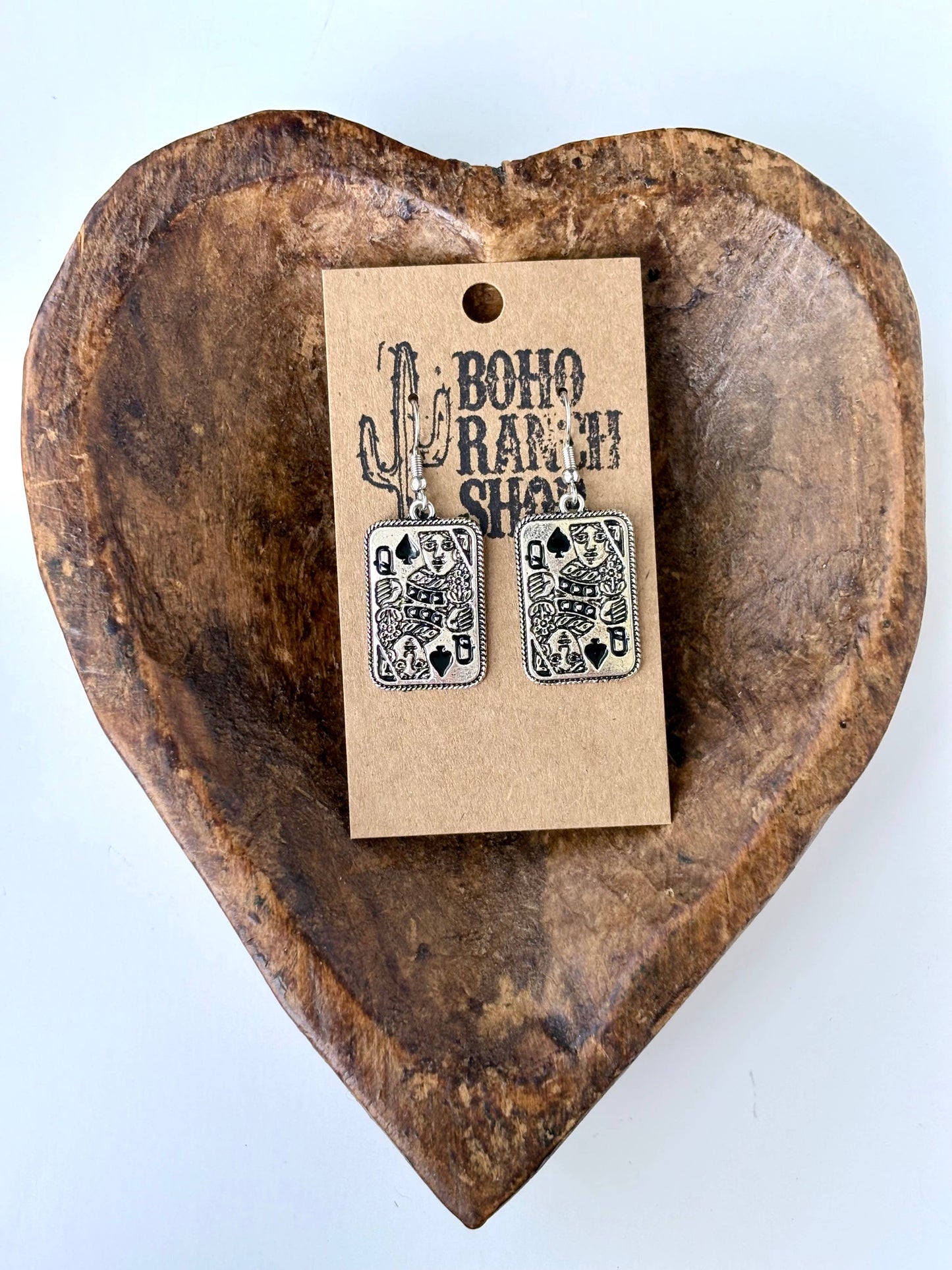Playing Card Queen Dangle Earrings - queen spade heart