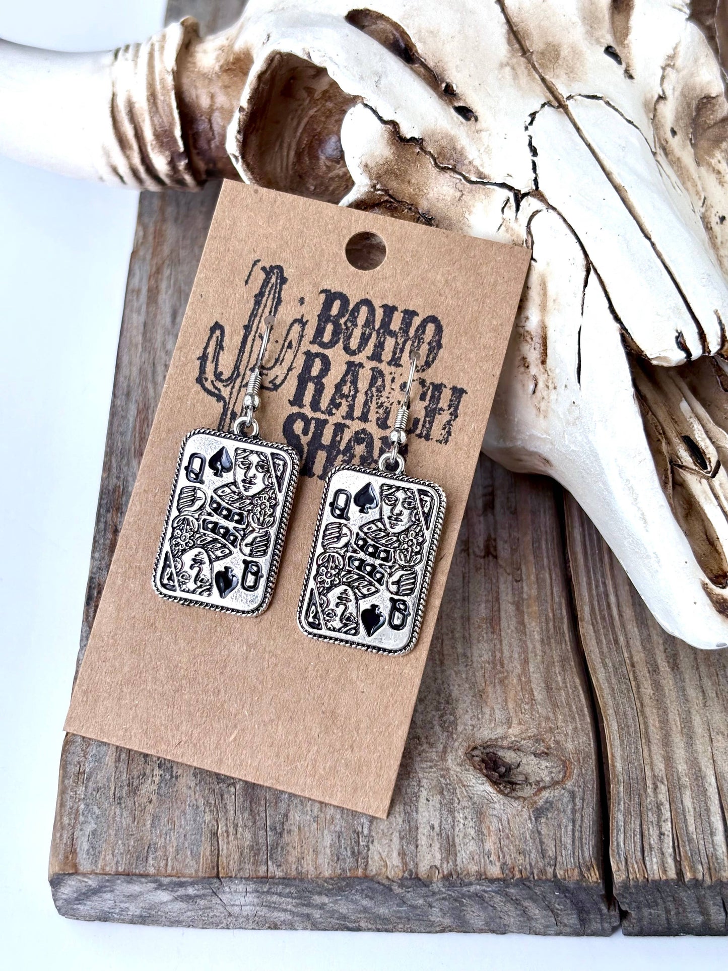 Playing Card Queen Dangle Earrings - queen spade heart