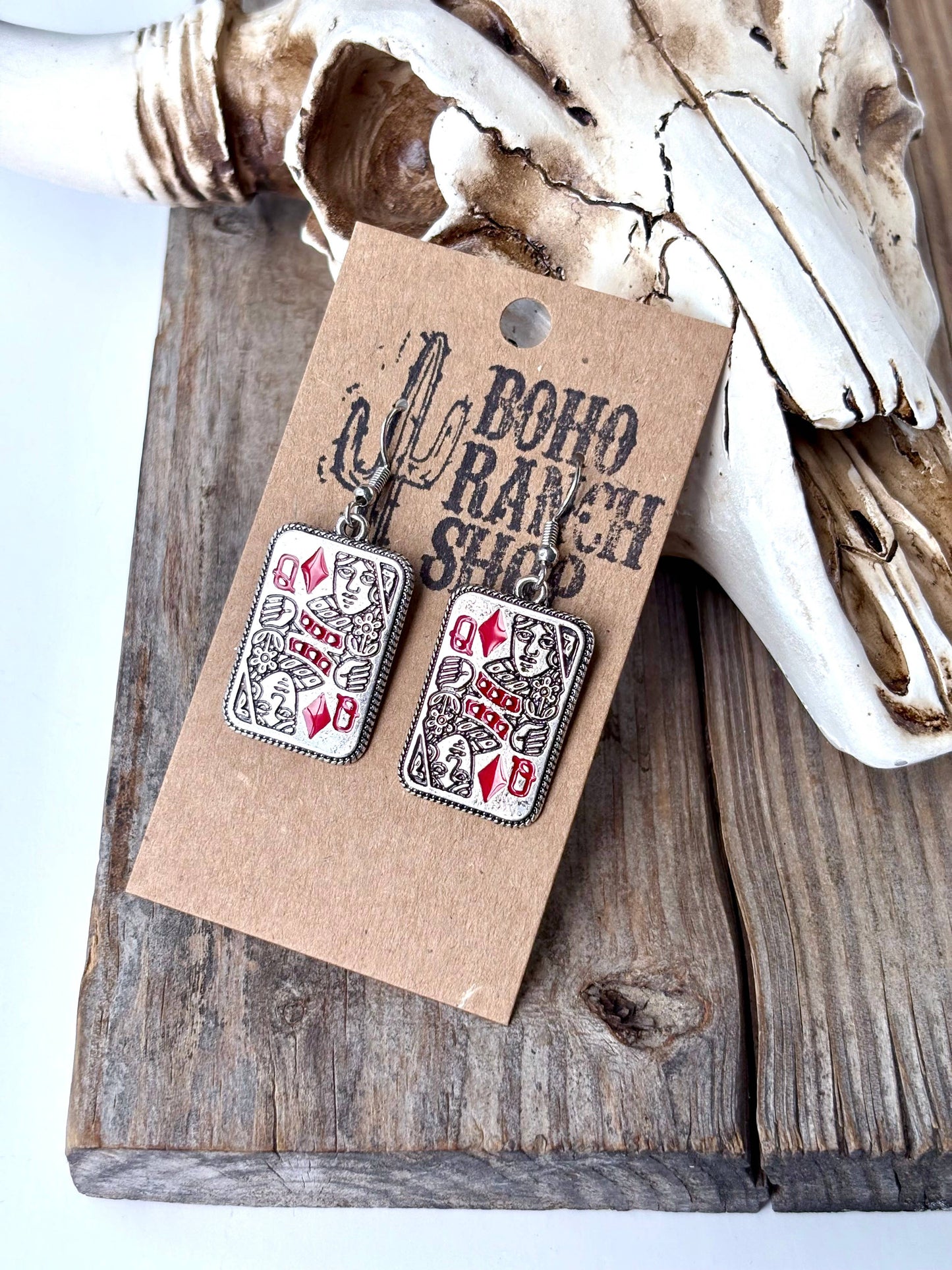 Playing Card Queen Dangle Earrings - queen spade heart